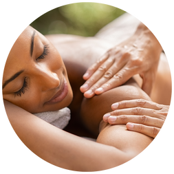 woman getting massage, hands on shoulder
